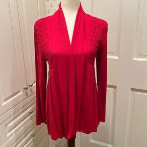 RED LONG LIGHTWEIGHT SWEATER/JACKET WITH SMOCKING DETAIL